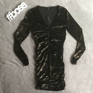 Blk/Gold Long Sleeve Velvet-Like Ruched Dress